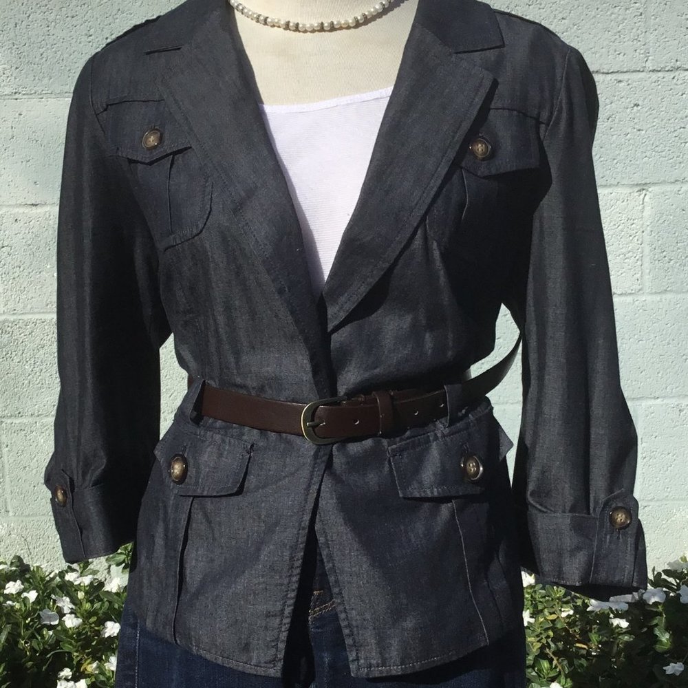 OBR Women's Utility Blazer Jacket Belted Multipocketed 3/4 Sleeve Blue M